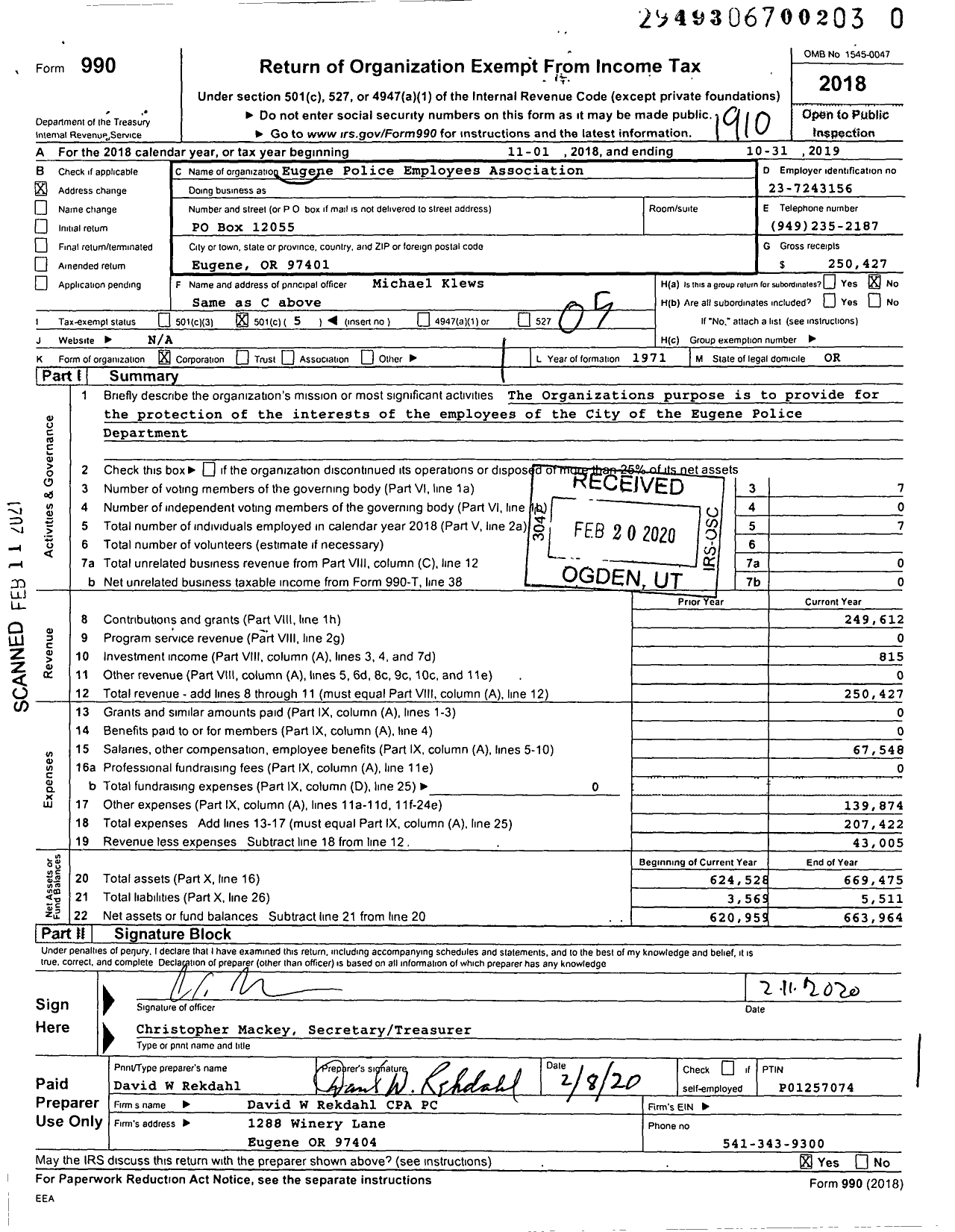 Image of first page of 2018 Form 990O for Eugene Police Employees Association