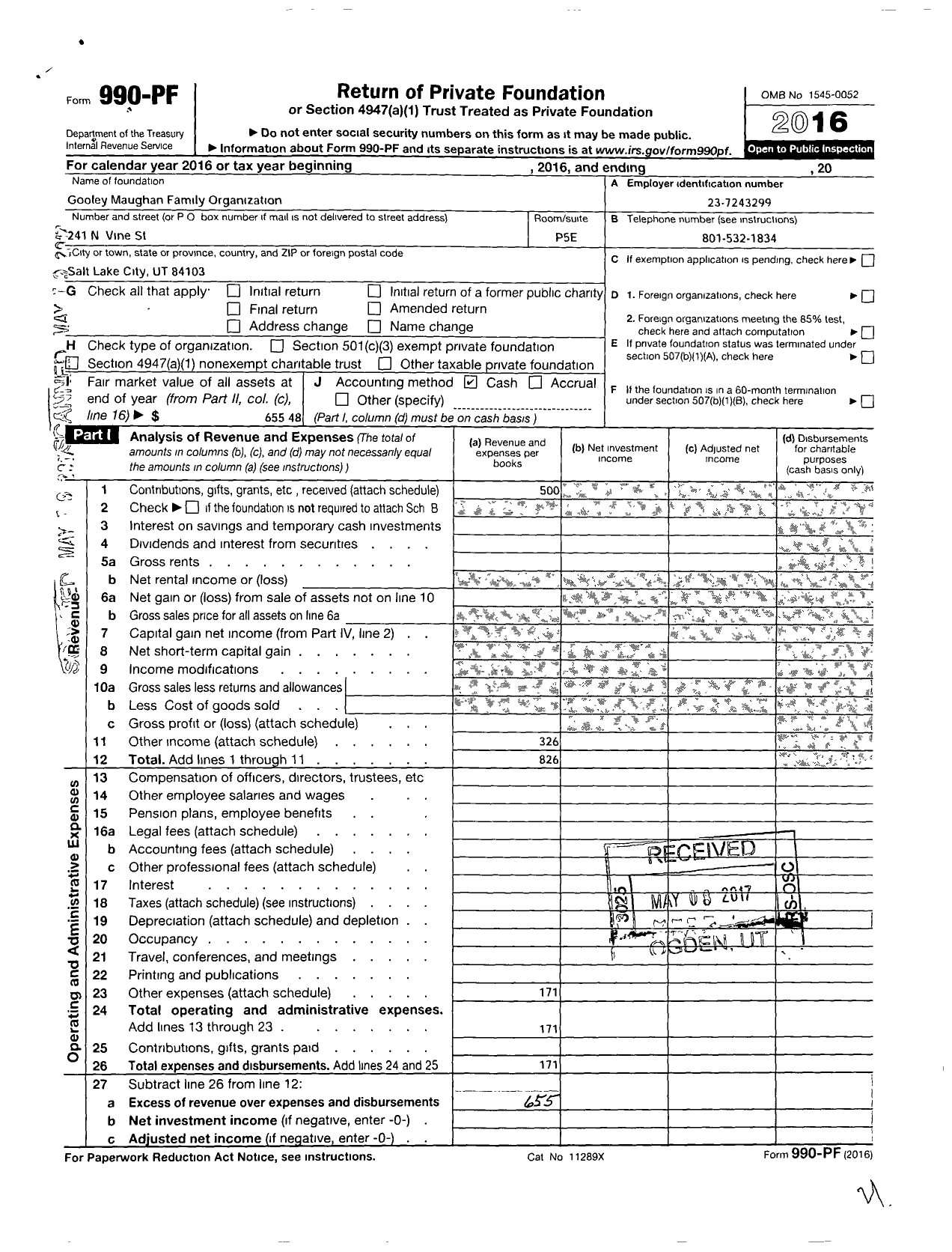 Image of first page of 2016 Form 990PF for Gooley-Maughan Family Organization