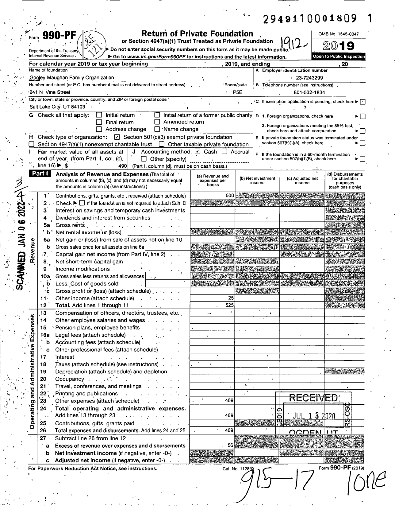 Image of first page of 2019 Form 990PF for Gooley-Maughan Family Organization