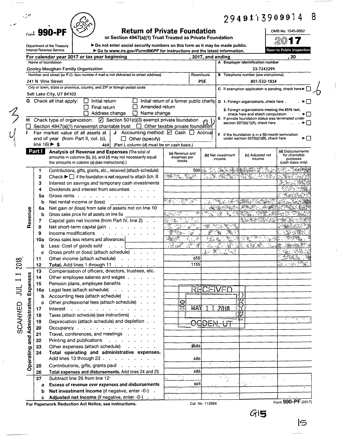 Image of first page of 2017 Form 990PF for Gooley-Maughan Family Organization