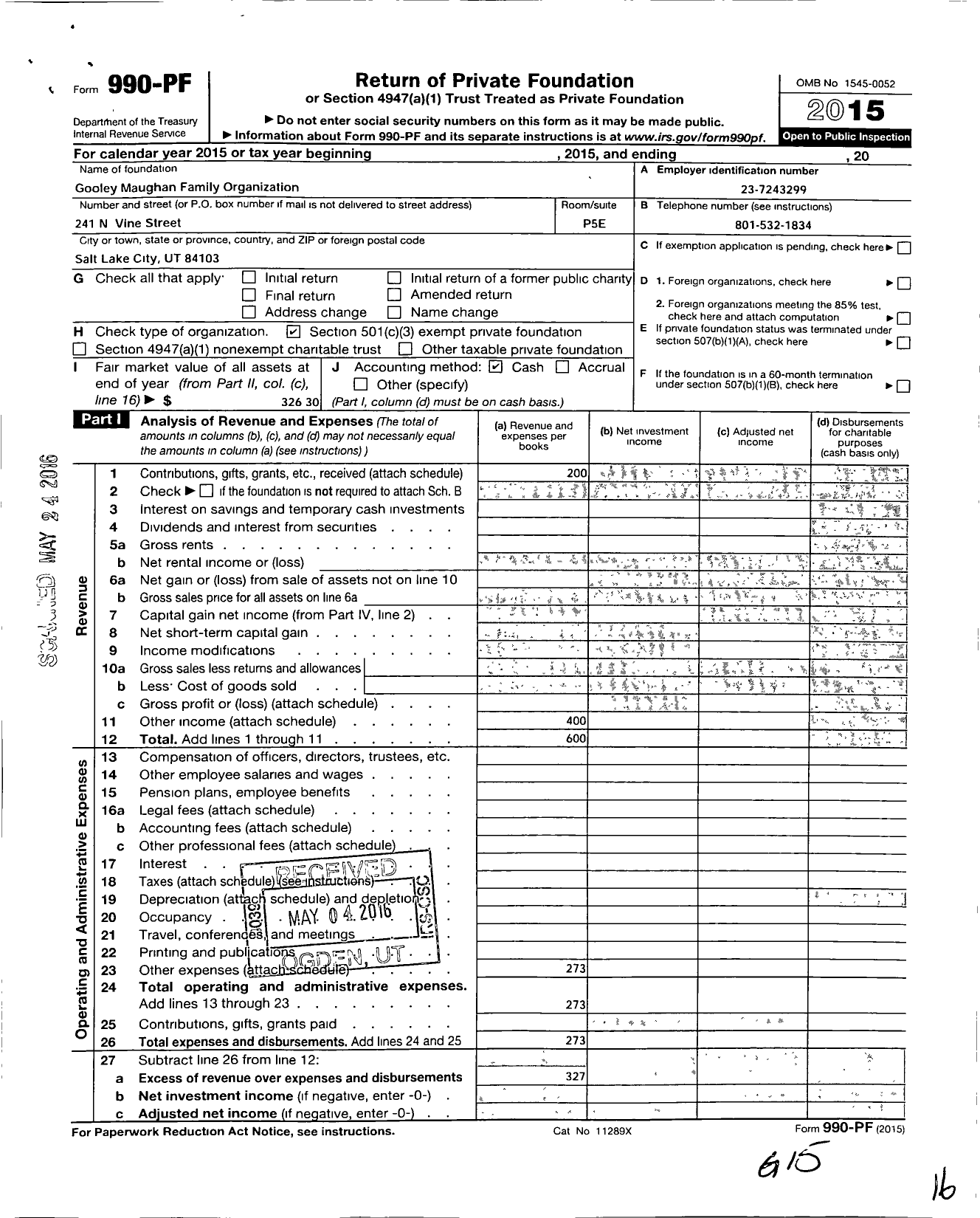 Image of first page of 2015 Form 990PF for Gooley-Maughan Family Organization