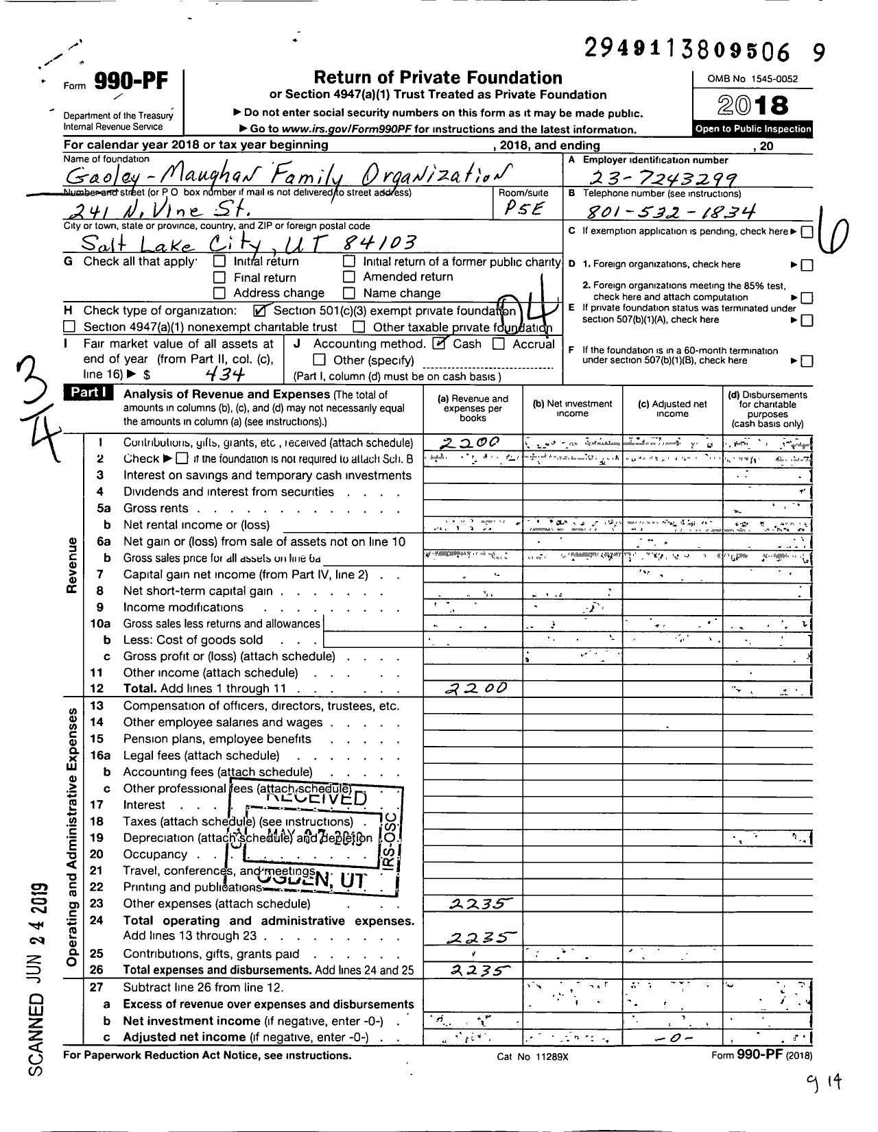 Image of first page of 2018 Form 990PF for Gooley-Maughan Family Organization