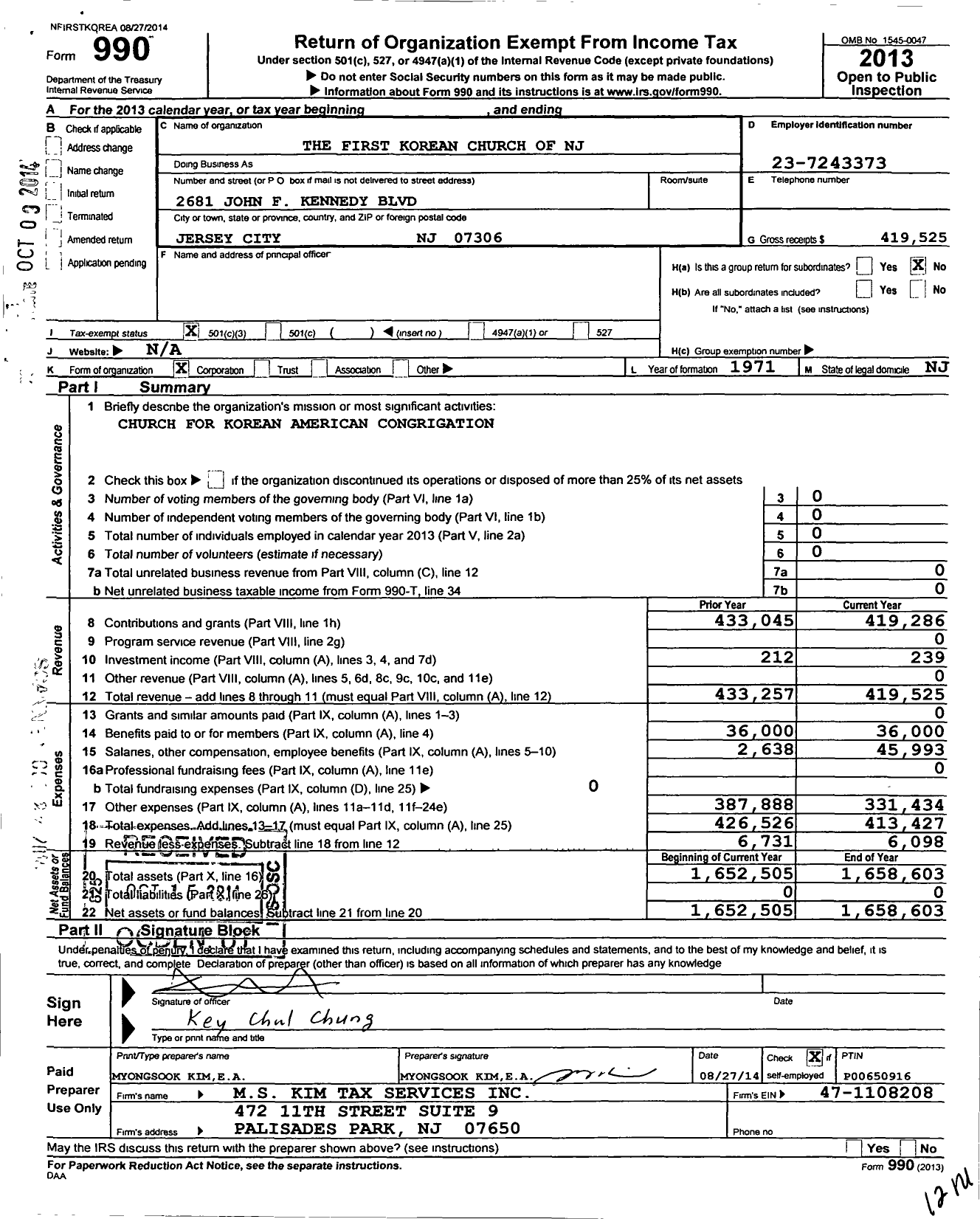 Image of first page of 2013 Form 990 for First Korean Church of NJ