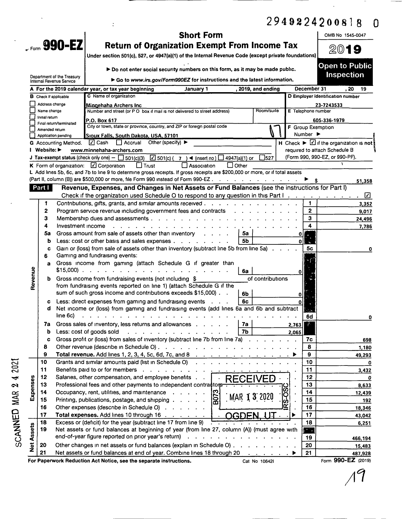 Image of first page of 2019 Form 990EO for Minnehaha Archers