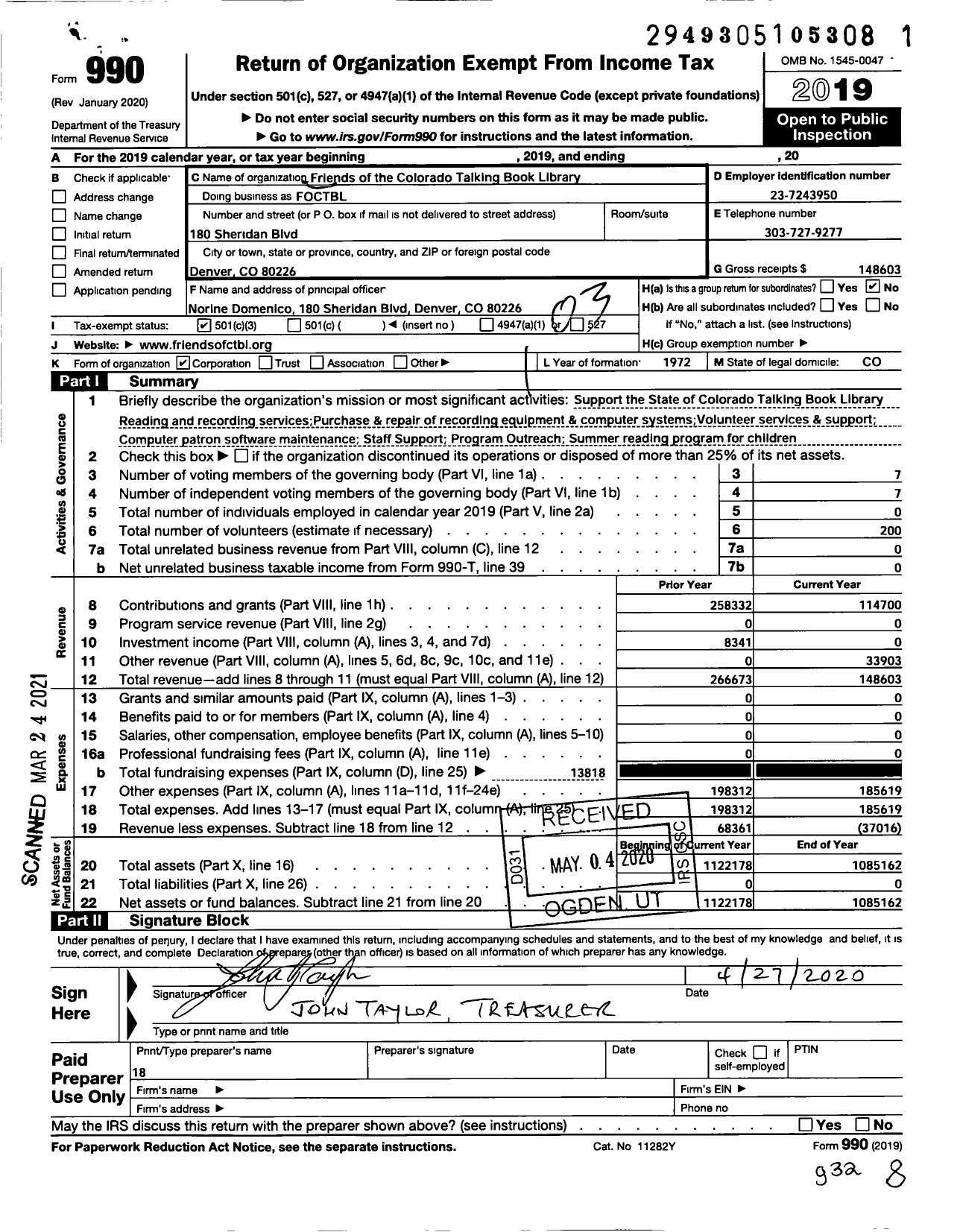 Image of first page of 2019 Form 990 for Friends of the Colorado Talking Book Library Friends of the Colorado Talking Book Library