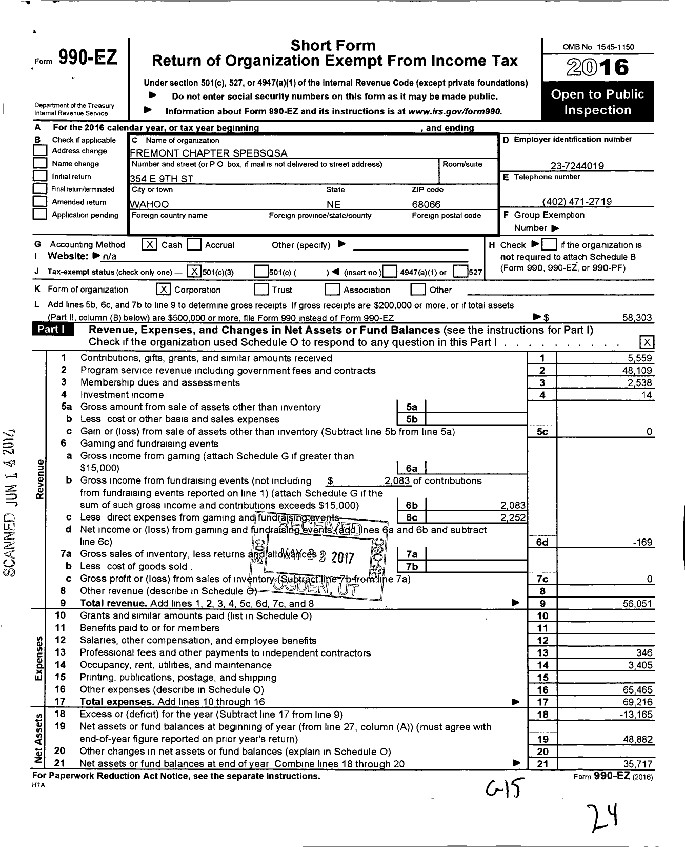 Image of first page of 2016 Form 990EZ for Barbershop Harmony Society - A020 Fremont