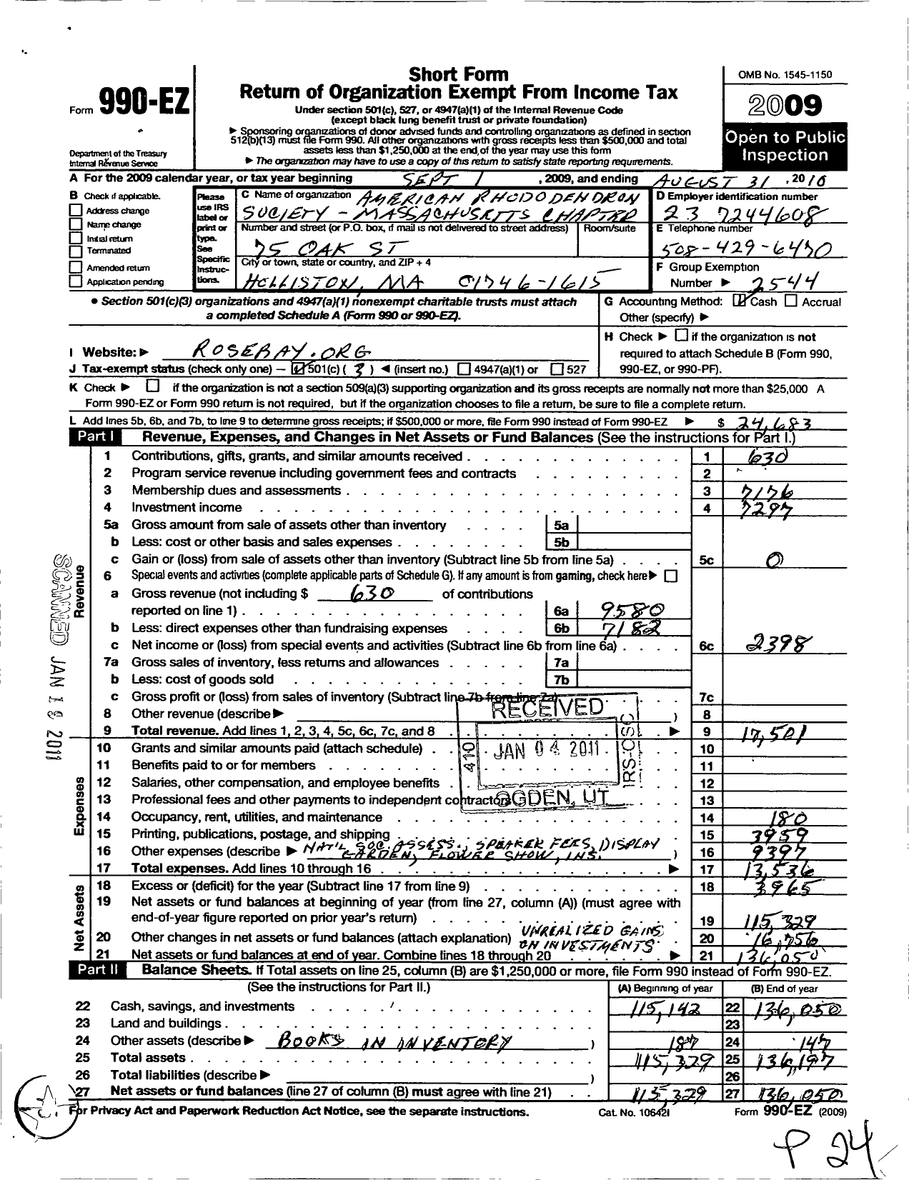 Image of first page of 2009 Form 990EZ for American Rhododendron Society / Massachusetts Chapter Inc