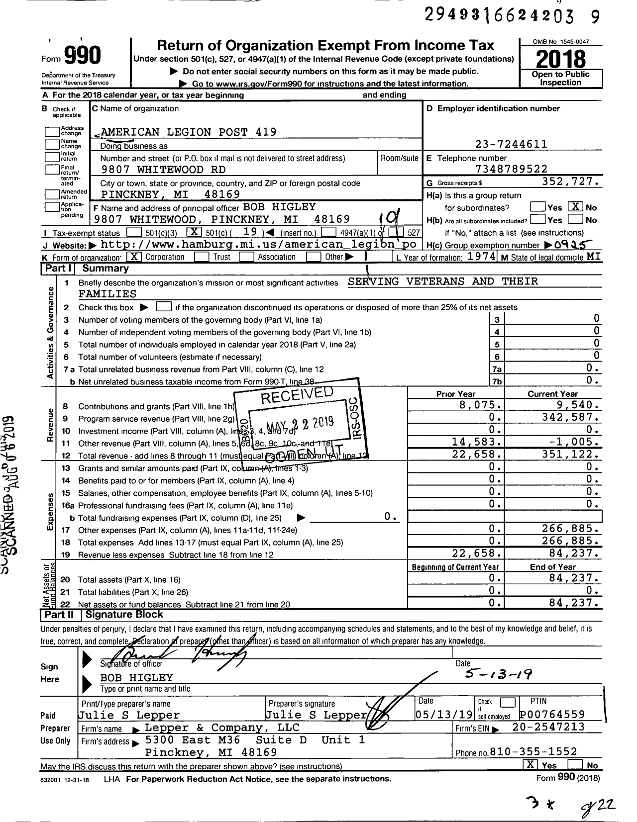 Image of first page of 2018 Form 990O for American Legion - 419 Pinckney Memorial