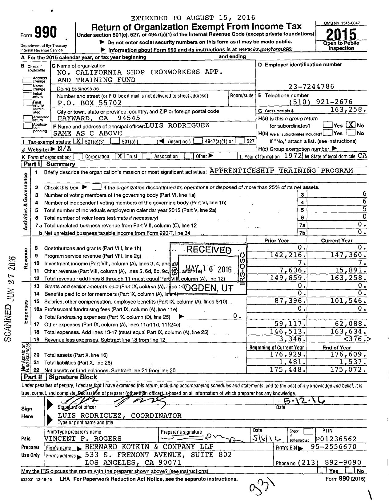 Image of first page of 2015 Form 990 for No California Shop Ironworkers App and Training Fund