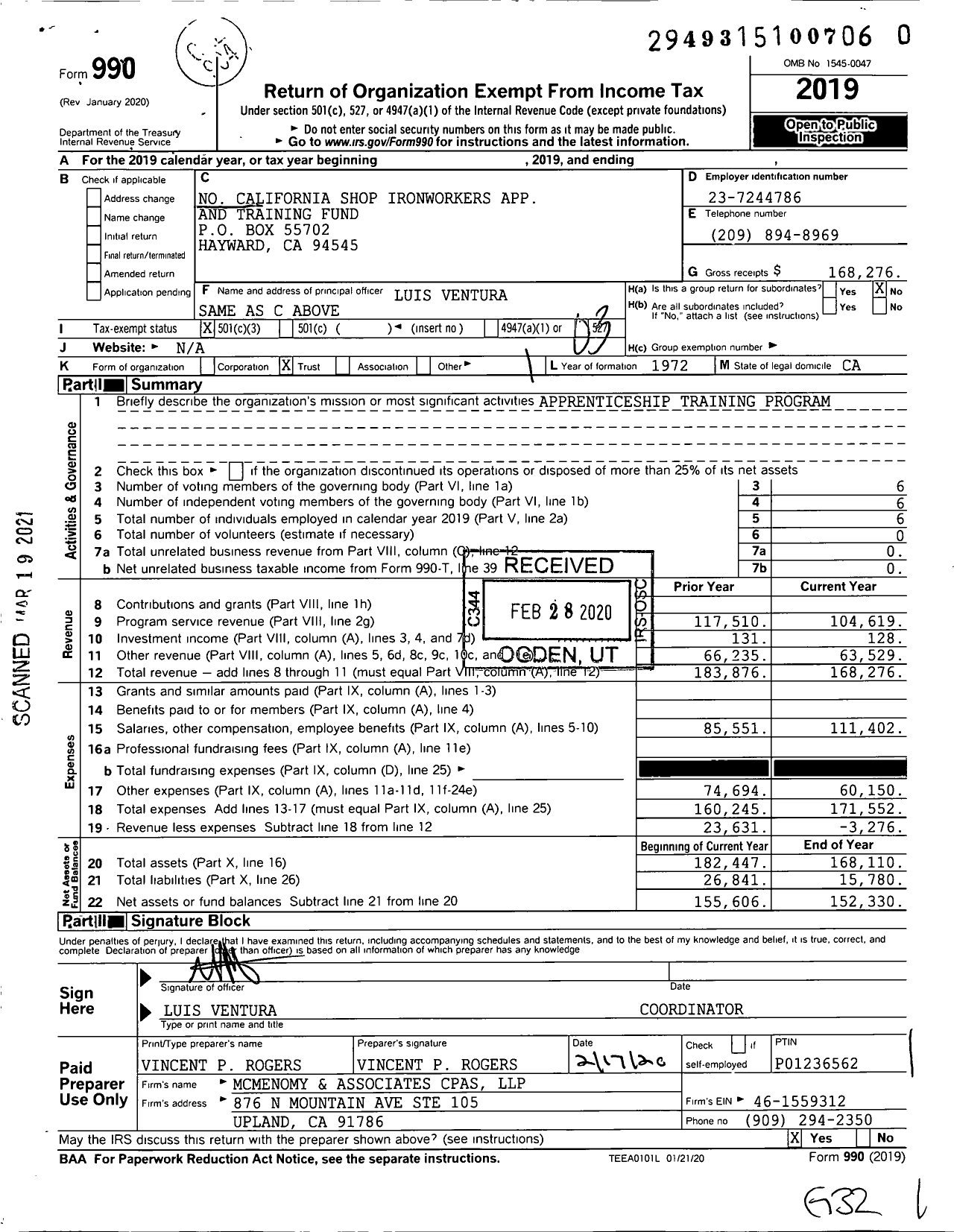 Image of first page of 2019 Form 990 for No California Shop Ironworkers App and Training Fund