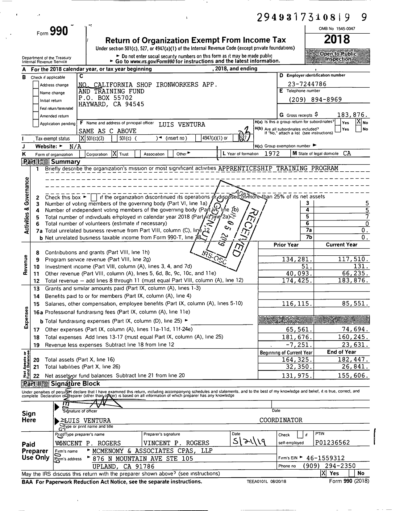 Image of first page of 2018 Form 990 for No California Shop Ironworkers App and Training Fund