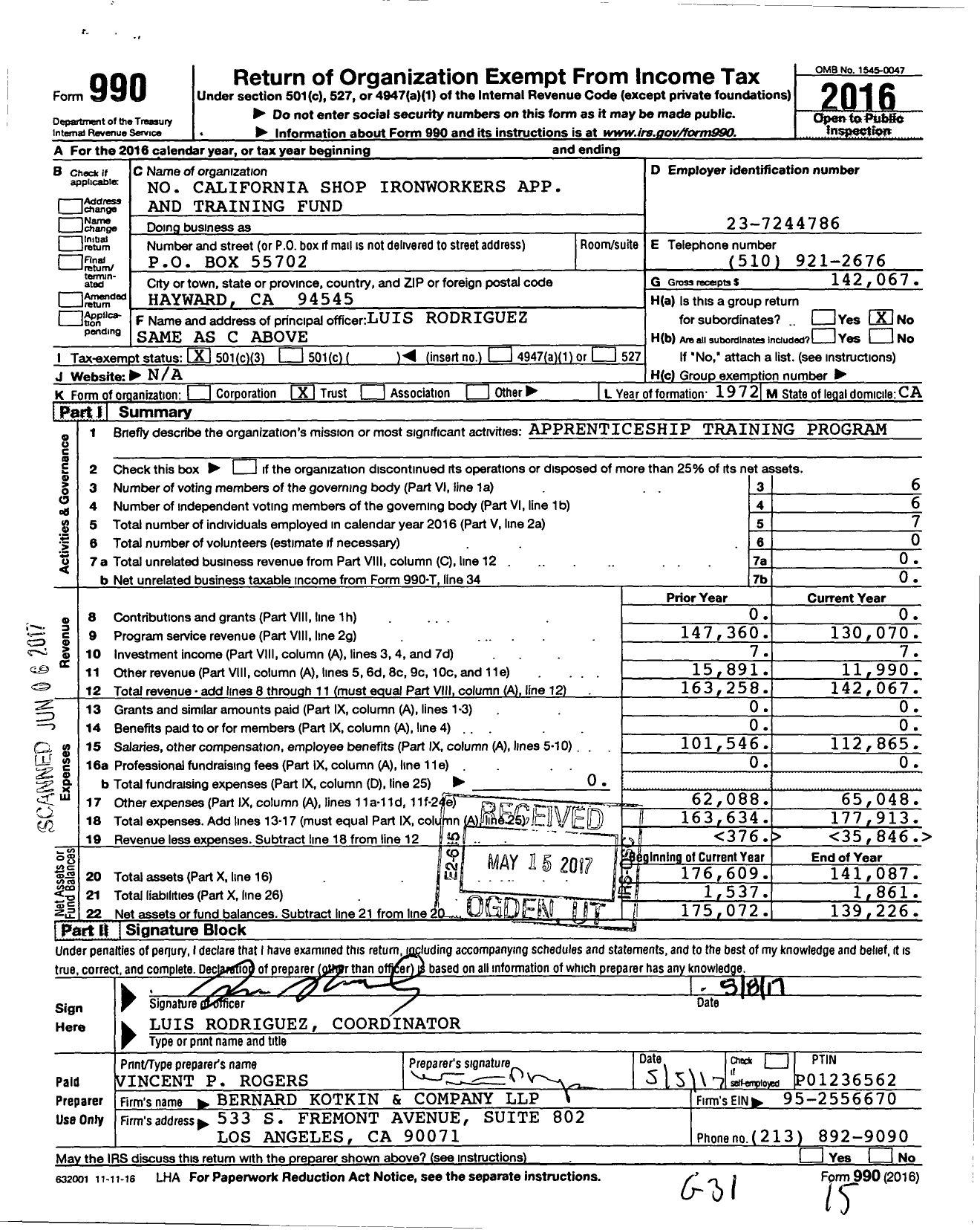 Image of first page of 2016 Form 990 for No California Shop Ironworkers App and Training Fund