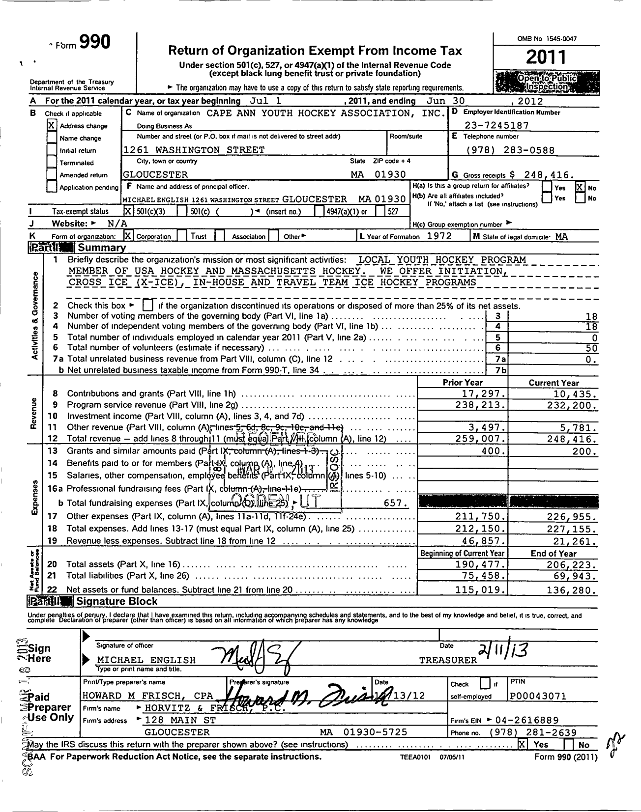 Image of first page of 2011 Form 990 for Cape Ann Youth Hockey Association