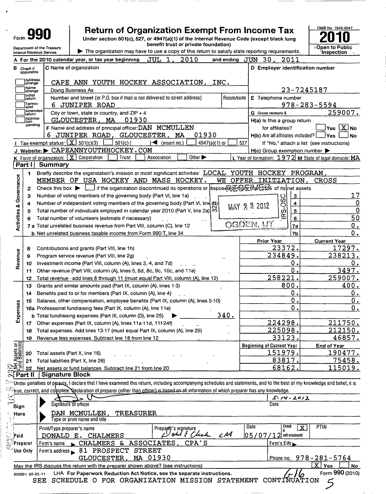 Image of first page of 2010 Form 990 for Cape Ann Youth Hockey Association