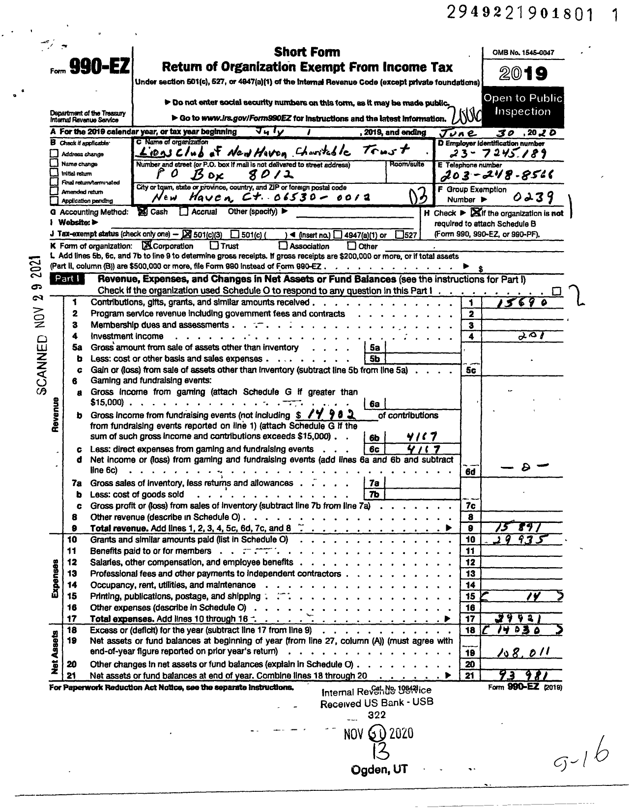 Image of first page of 2019 Form 990EZ for Lions Club of New Haven Charitable Trust