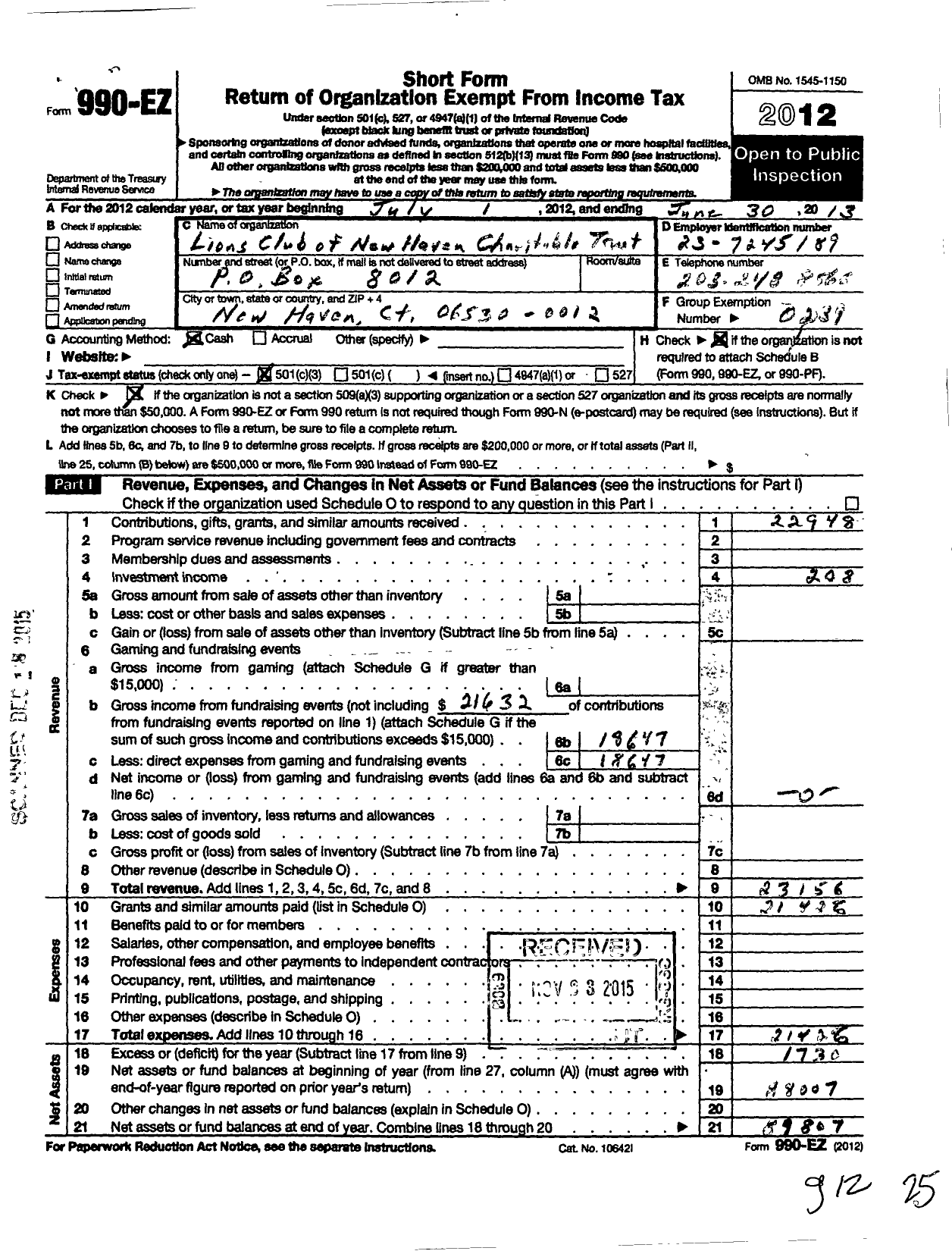 Image of first page of 2012 Form 990EZ for Lions Club of New Haven Charitable Trust