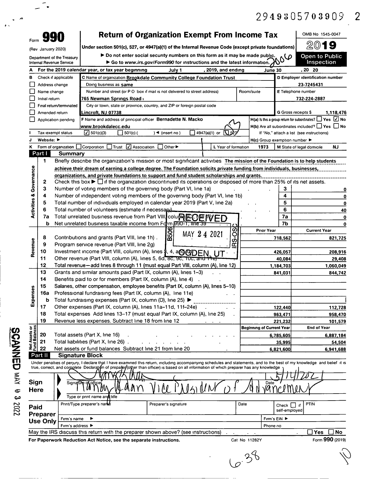 Image of first page of 2019 Form 990 for Brookdale Community College Foundation Trust