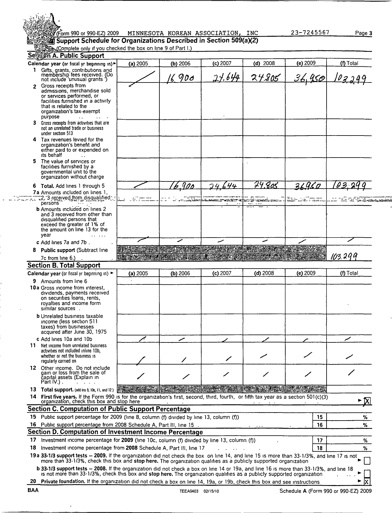 Image of first page of 2009 Form 990ER for Minnesota Korean Association