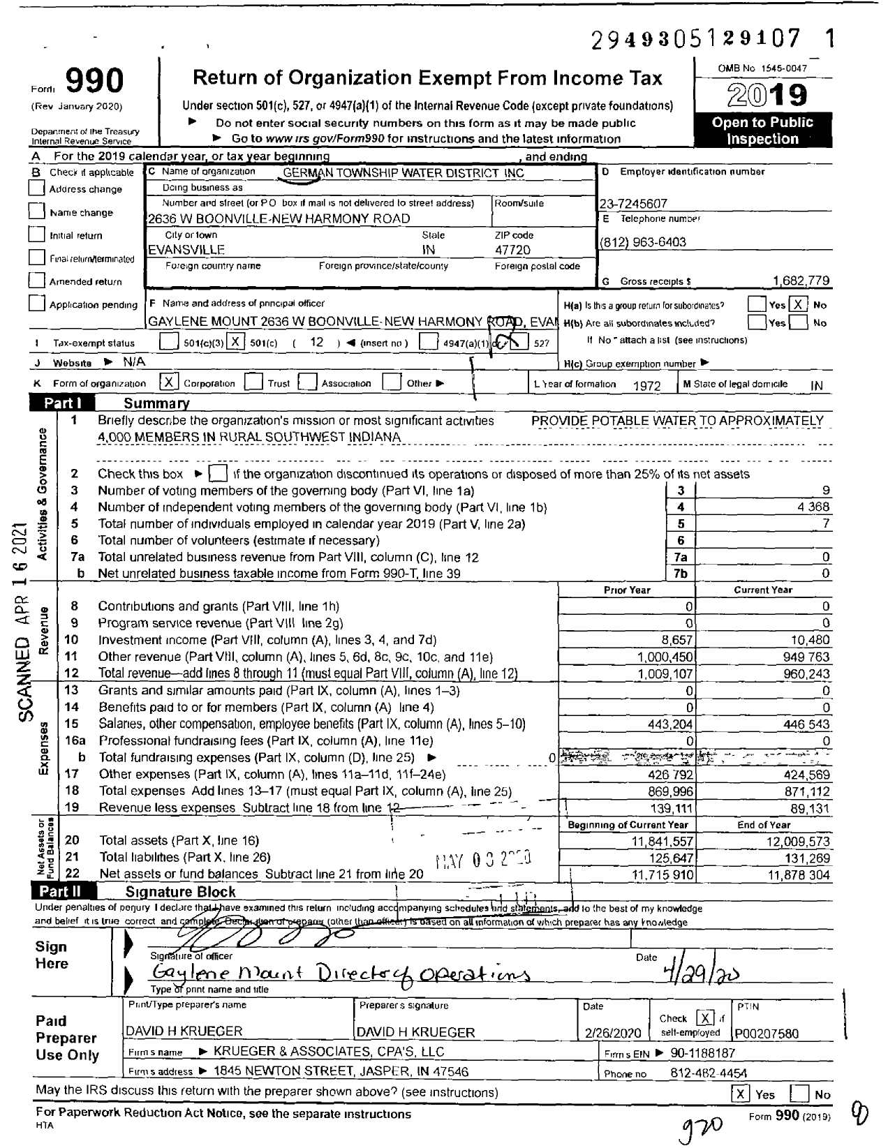 Image of first page of 2019 Form 990O for German Township Water District