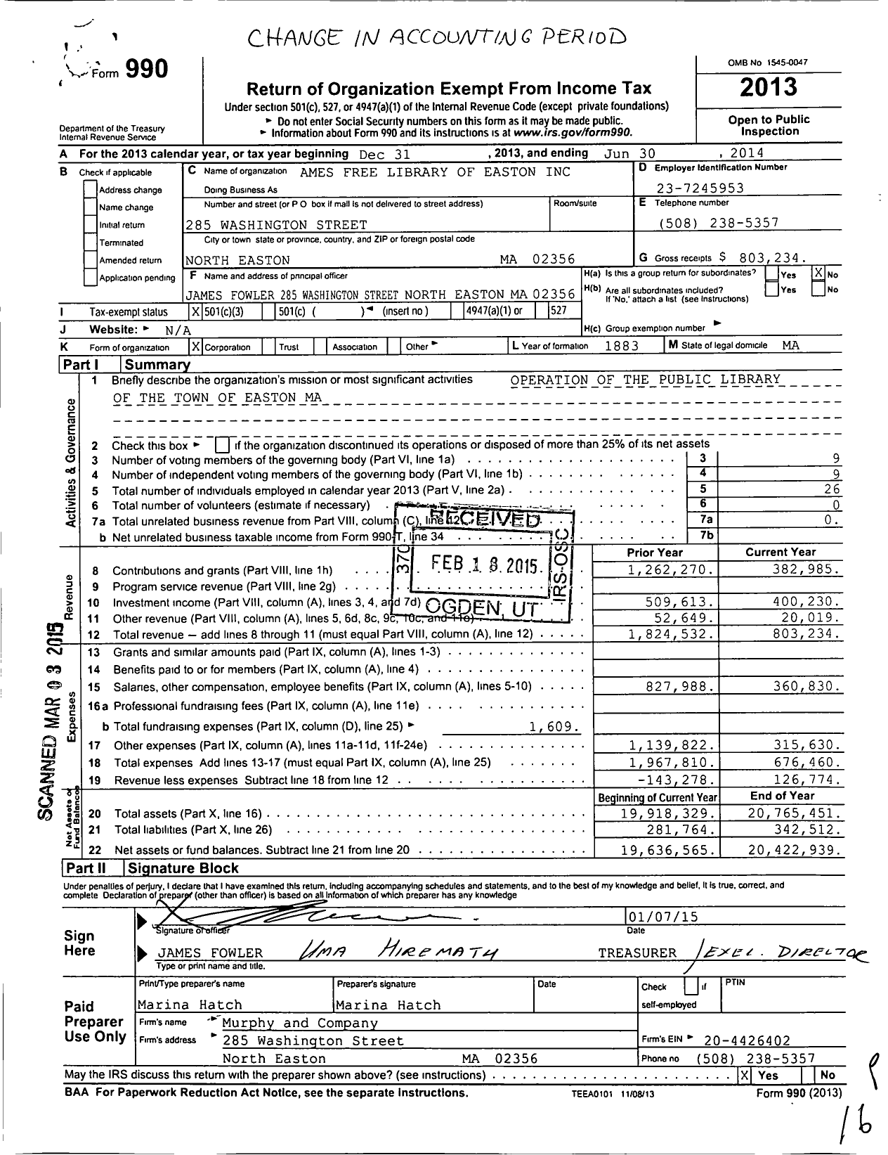 Image of first page of 2013 Form 990 for Ames Free Library of Easton