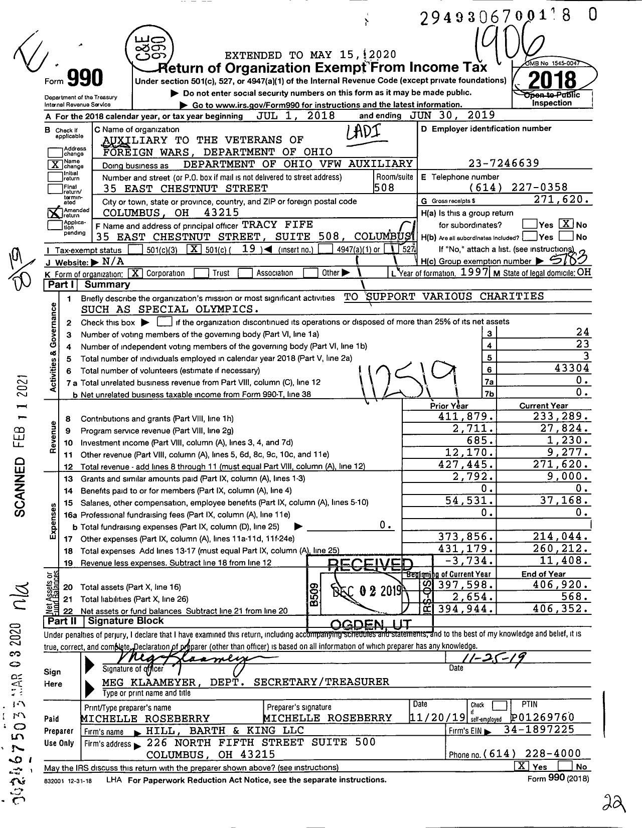 Image of first page of 2018 Form 990O for VFW Auxiliary Department of Ohio