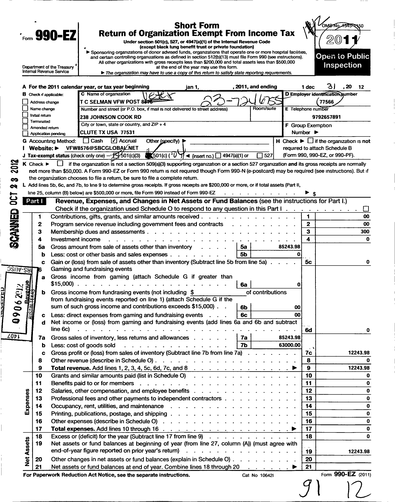 Image of first page of 2011 Form 990EO for Veterans of Foreign Wars of the Us Dept of Texas Auxiliary - 8576 TC Selman VFW Auxiliary