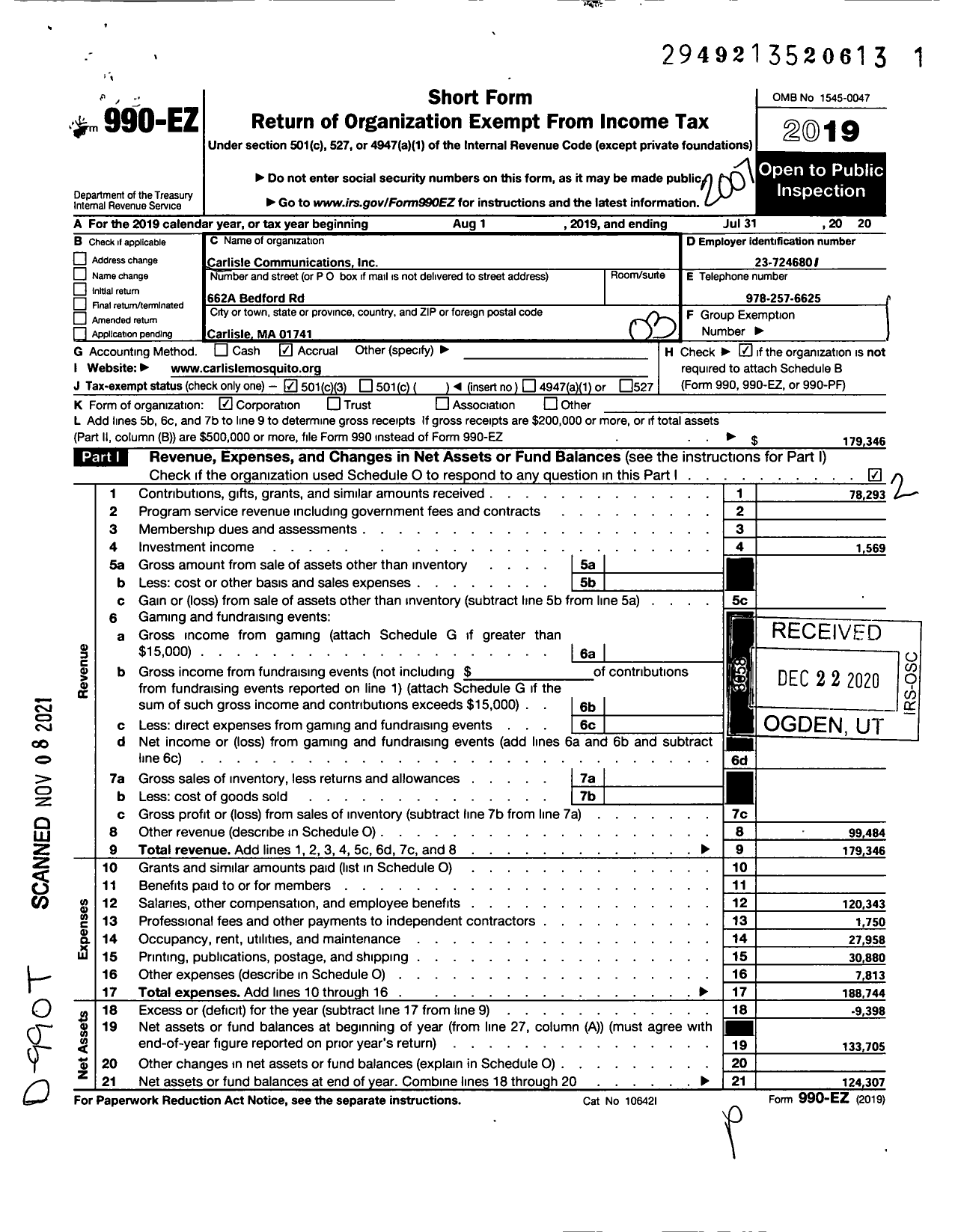 Image of first page of 2019 Form 990EZ for Carlisle Communications