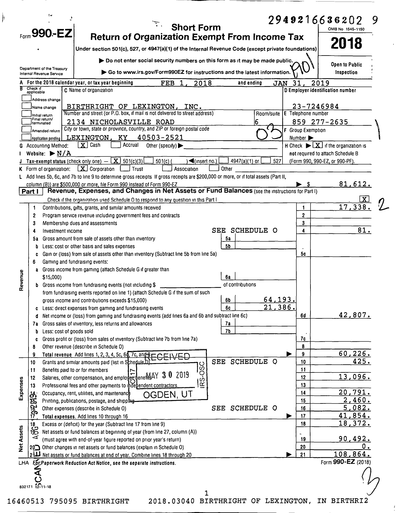Image of first page of 2018 Form 990EZ for Birthright of Lexington