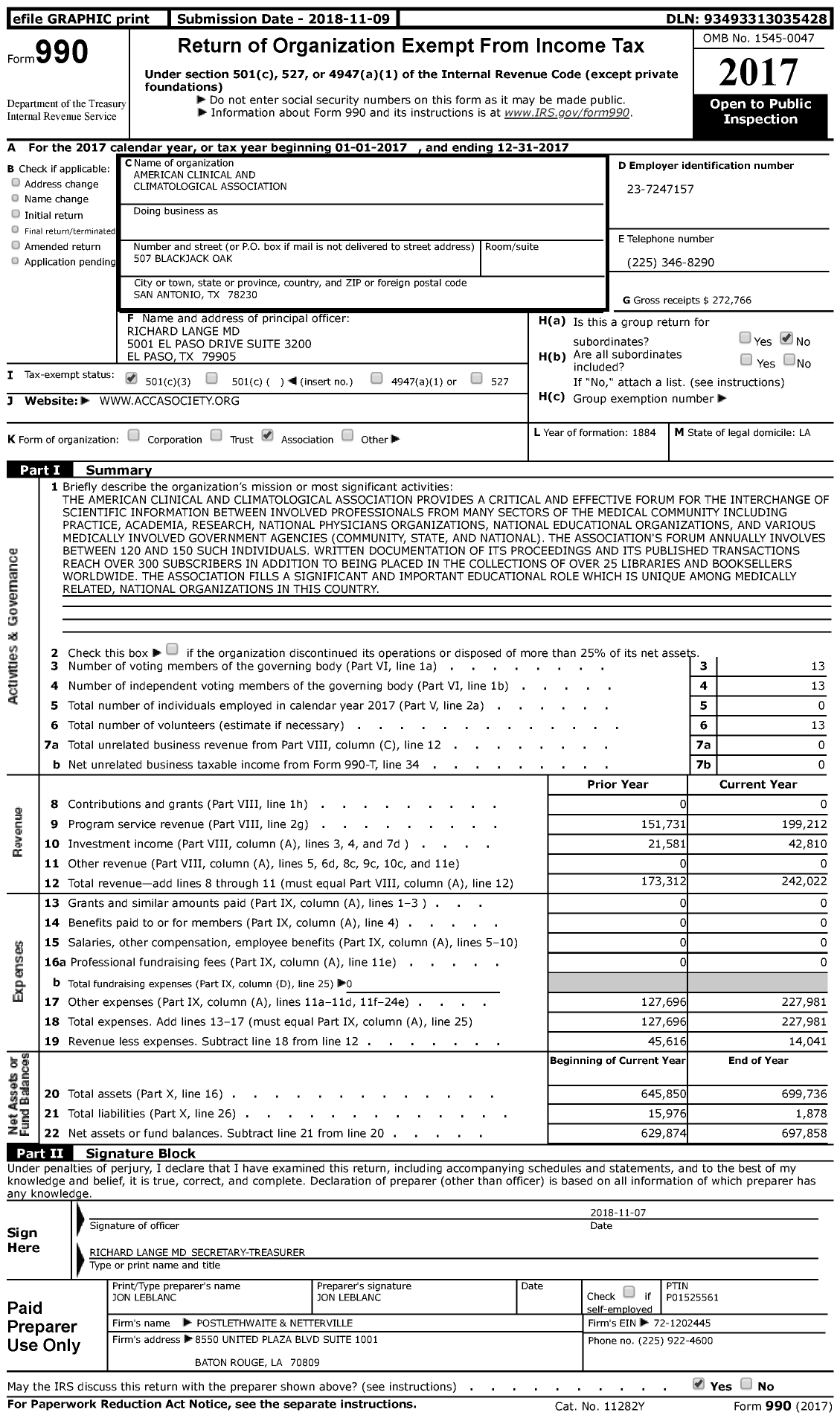 Image of first page of 2017 Form 990 for American Clinical and Climatological Association