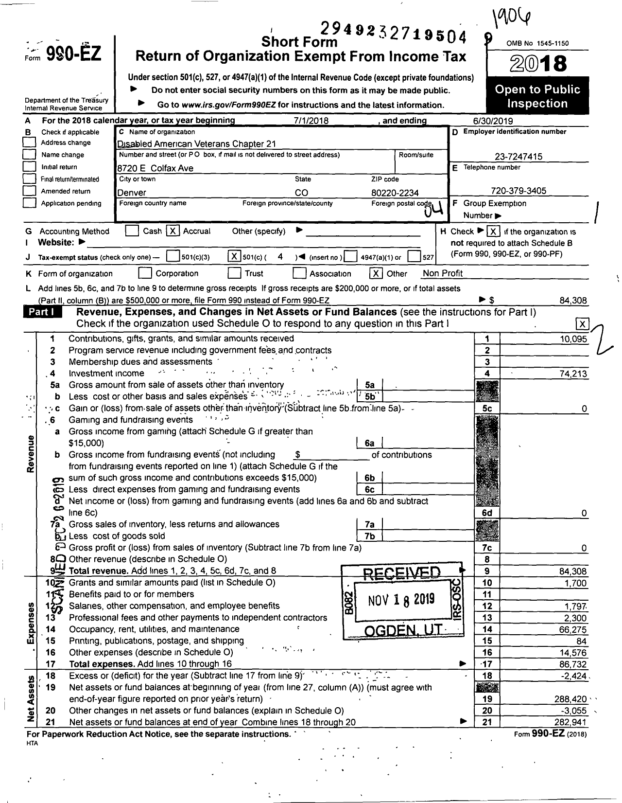 Image of first page of 2018 Form 990EO for Disabled American Veterans - 21 Clyde Seiler