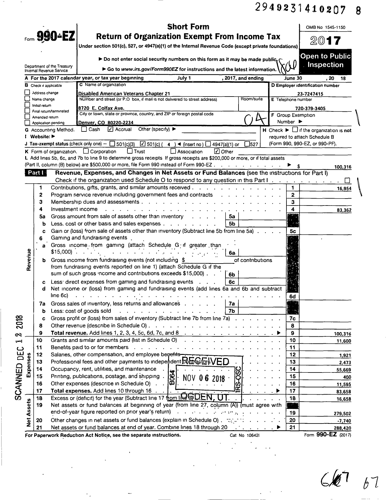Image of first page of 2017 Form 990EO for Disabled American Veterans - 21 Clyde Seiler