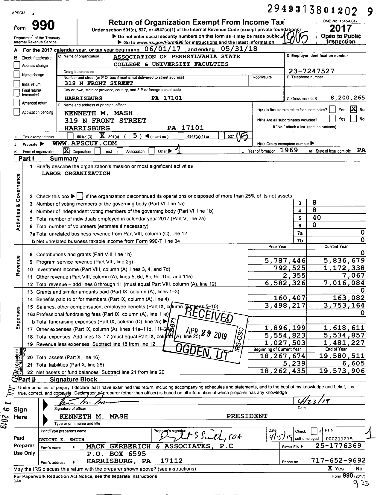 Image of first page of 2017 Form 990O for Association of Pennsylvania State College and University Faculties (APSCUF)