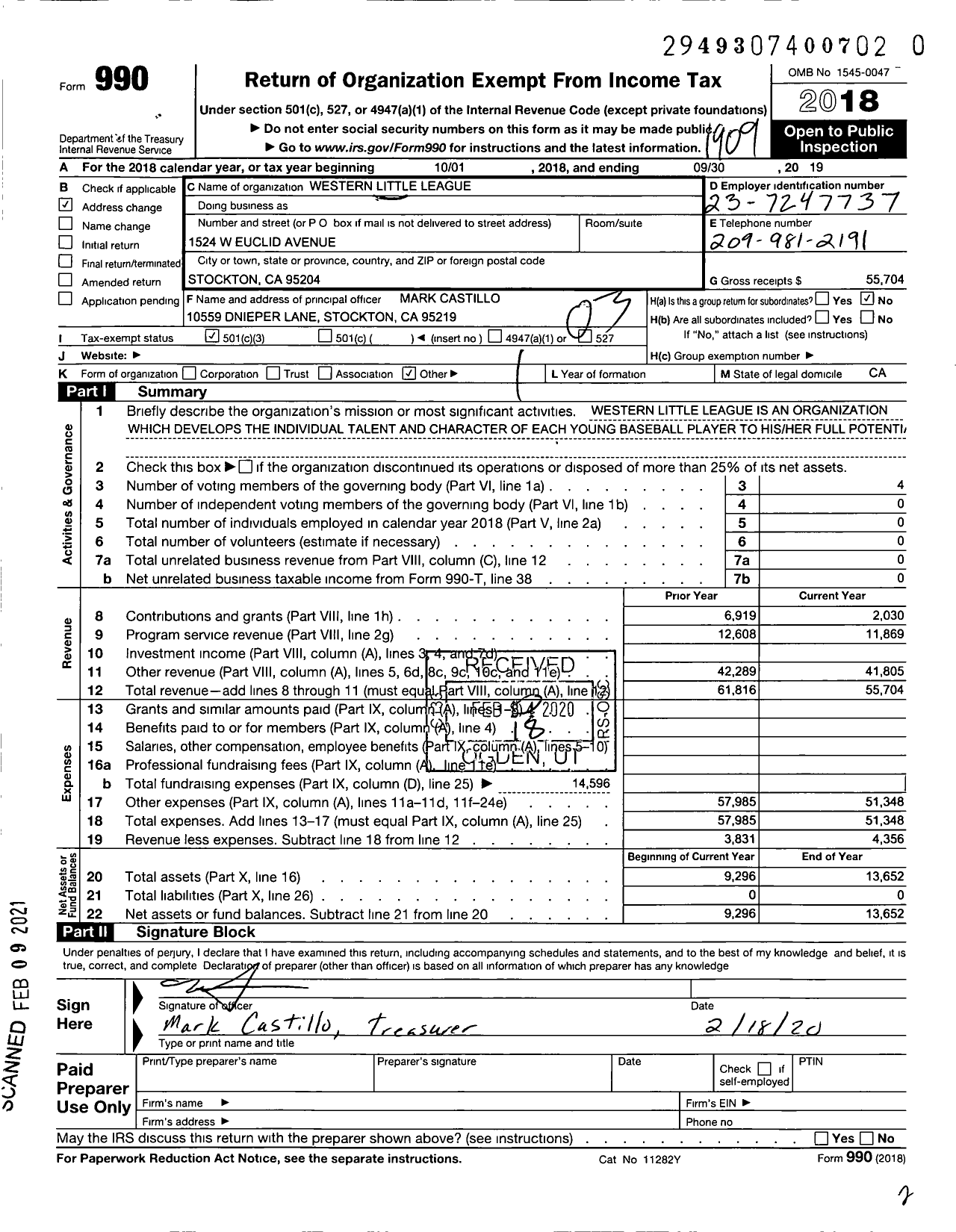 Image of first page of 2018 Form 990 for Little League Baseball / 4050815 Western LL