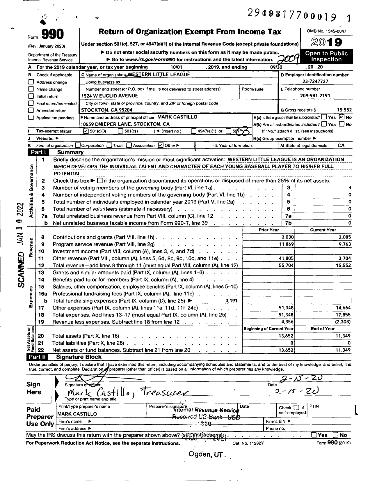 Image of first page of 2019 Form 990 for Little League Baseball / 4050815 Western LL