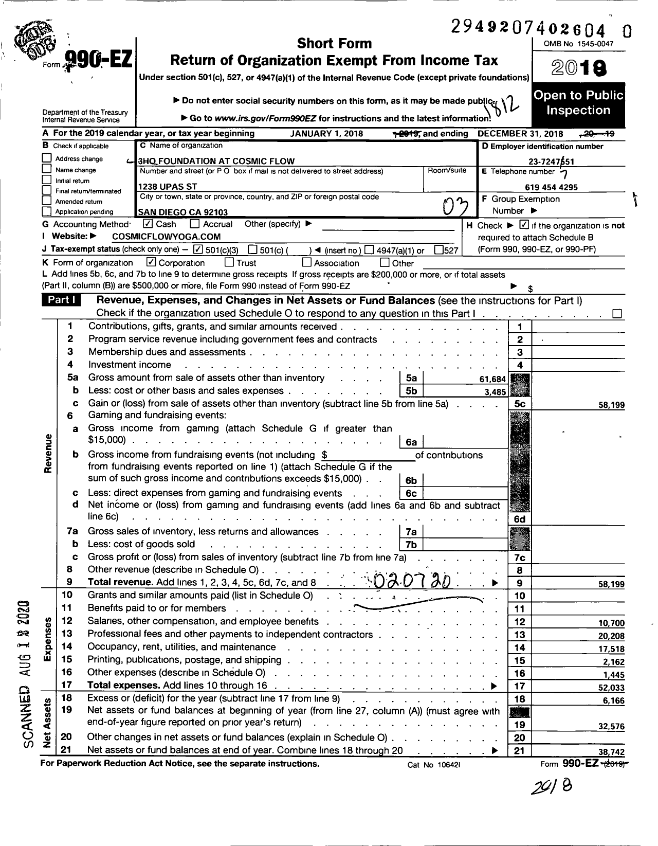 Image of first page of 2018 Form 990EZ for 3ho Foundation at Cosmic Flow