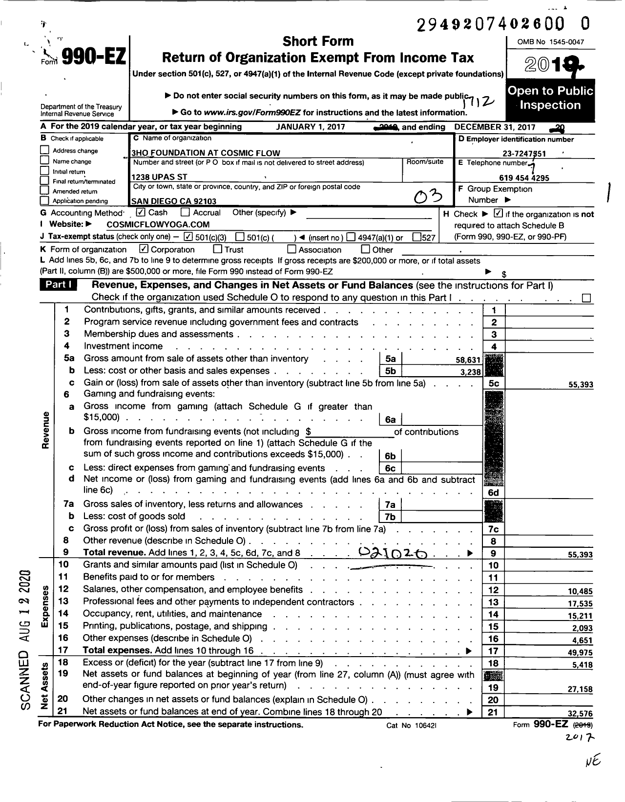 Image of first page of 2017 Form 990EZ for 3ho Foundation at Cosmic Flow