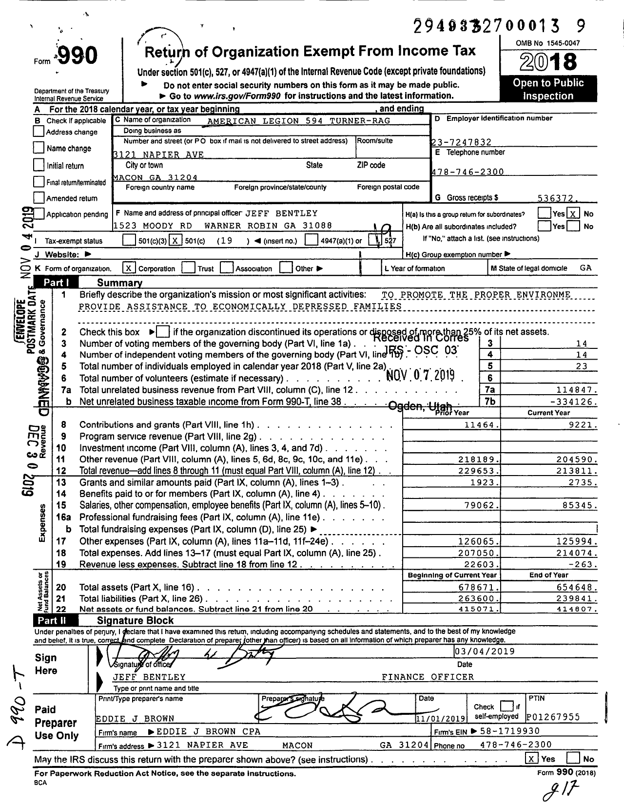 Image of first page of 2018 Form 990O for American Legion - 594 Turner-Ragan