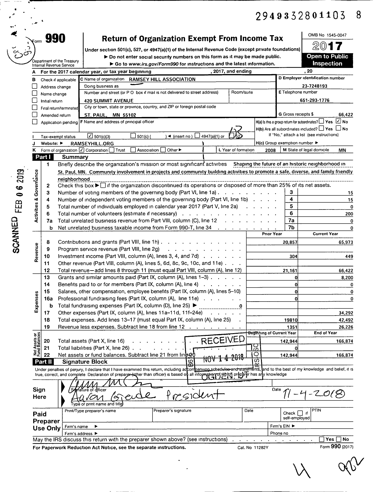 Image of first page of 2017 Form 990 for Ramsey Hill Association