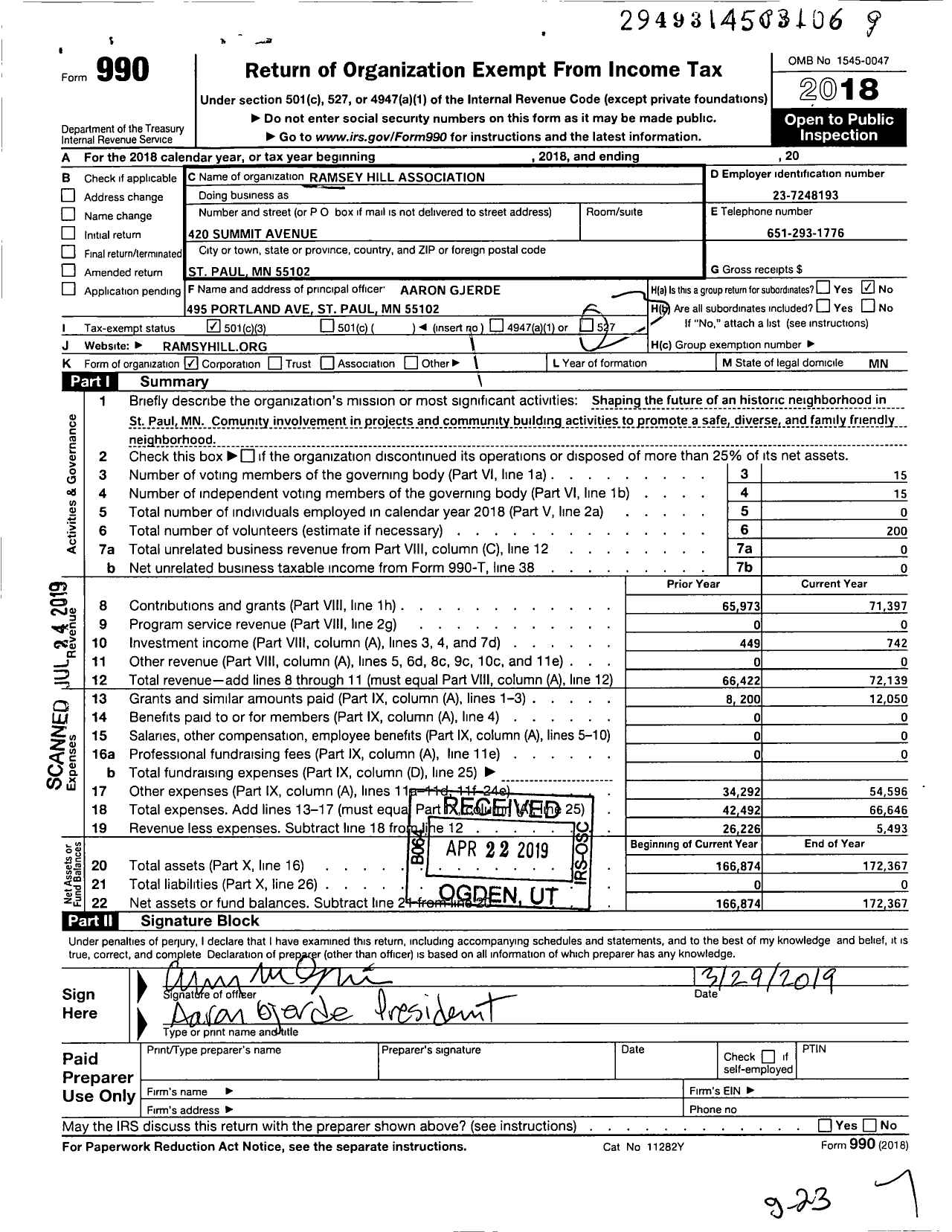 Image of first page of 2018 Form 990 for Ramsey Hill Association