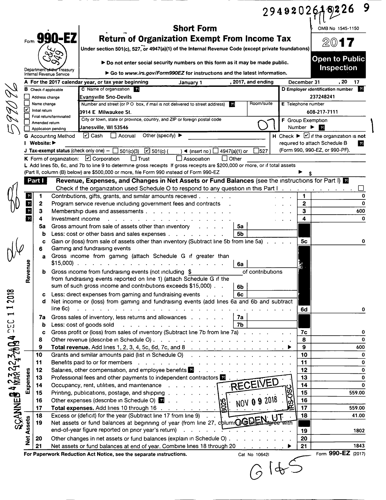 Image of first page of 2017 Form 990EO for Evansville Sno-Devils