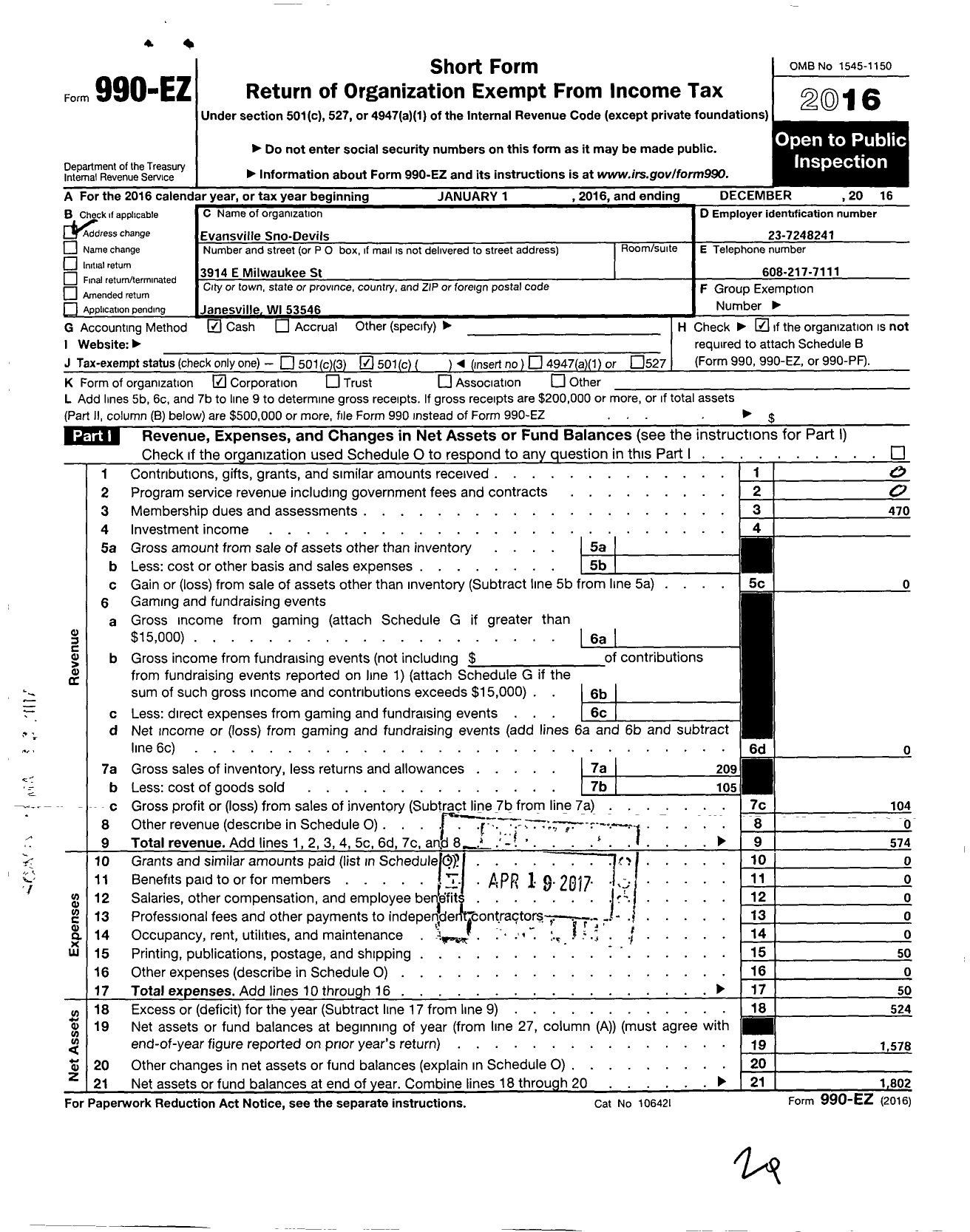 Image of first page of 2016 Form 990EO for Evansville Sno-Devils