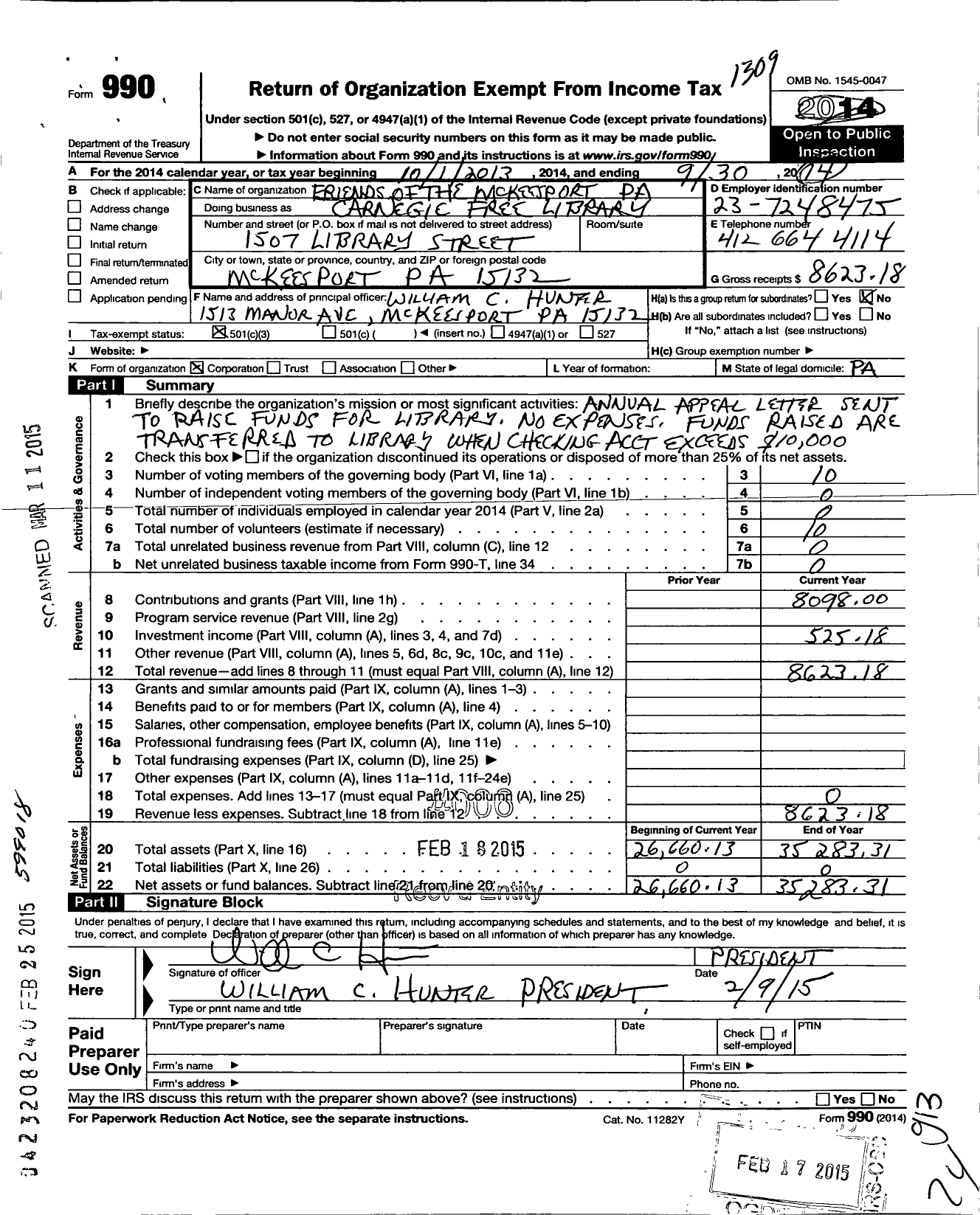 Image of first page of 2013 Form 990 for Friends of the Mckeesport Pa Carnegie Free Library