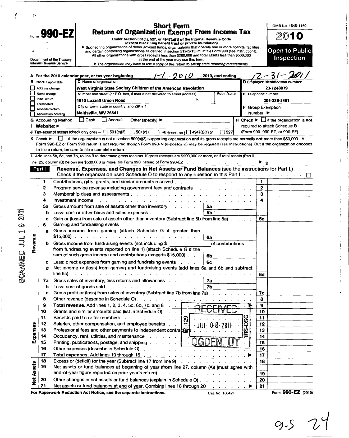 Image of first page of 2010 Form 990EO for National Society of the Children of the American Revolution / West Virginia State Society