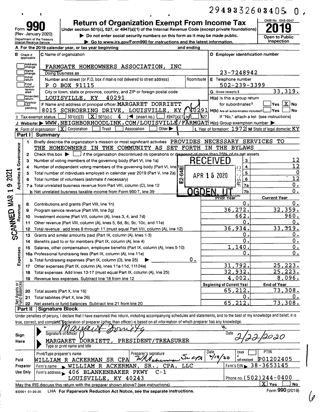 Image of first page of 2019 Form 990O for Farmgate Homeowners Association