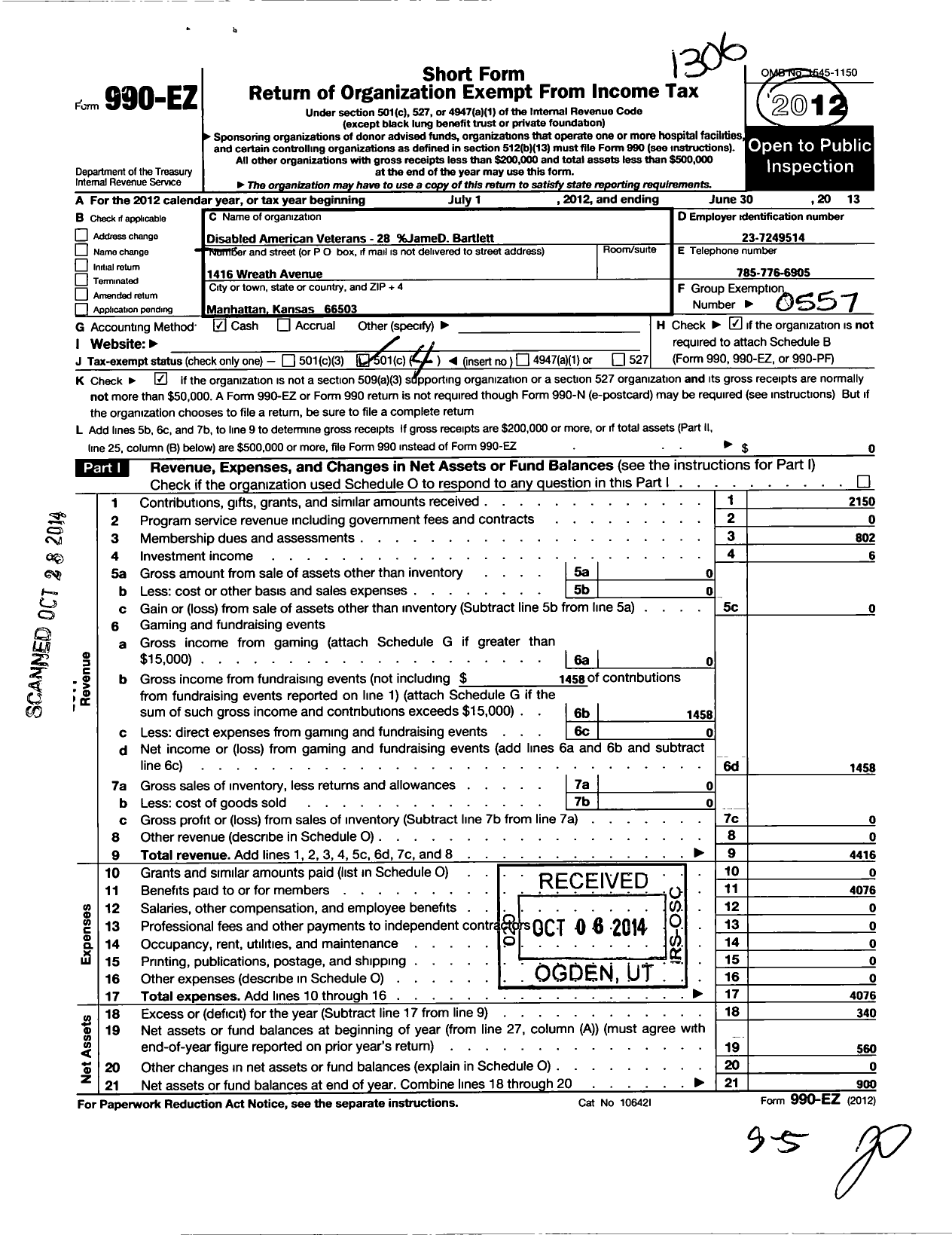 Image of first page of 2012 Form 990EO for Disabled American Veterans - 28 Manhattan