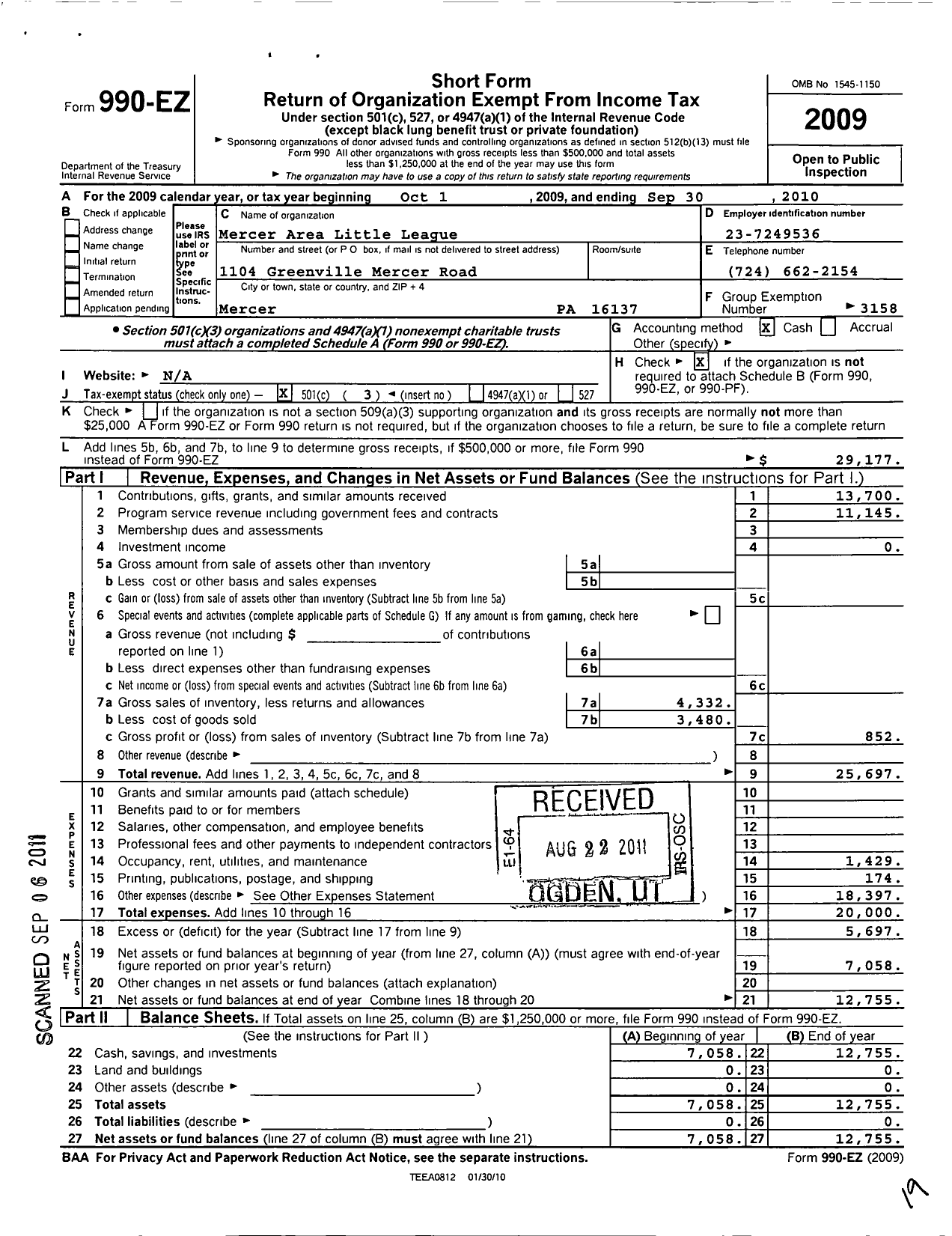 Image of first page of 2009 Form 990EZ for Little League Baseball - 2380207 Mercer Area LL