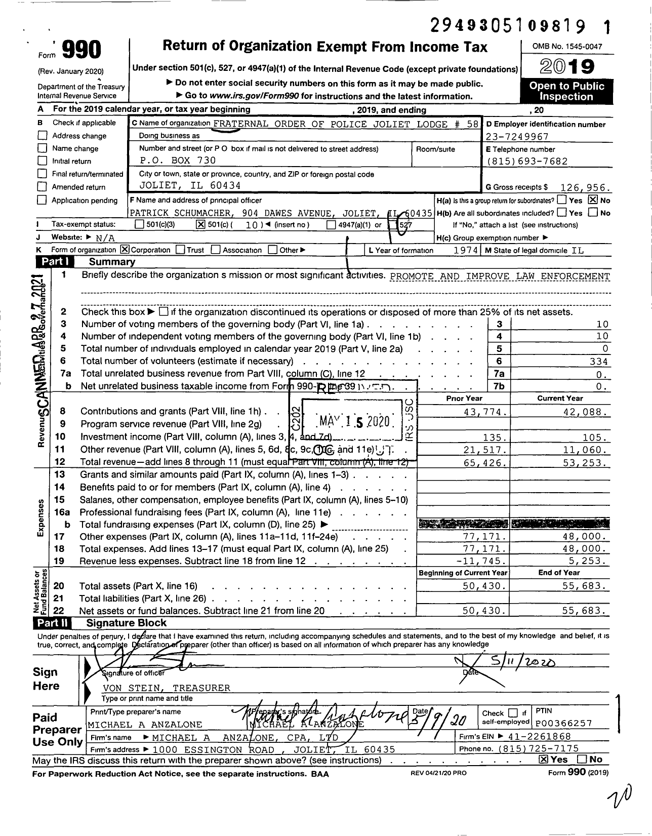 Image of first page of 2019 Form 990O for Fraternal Order of Police - 58 Joliet Lodge