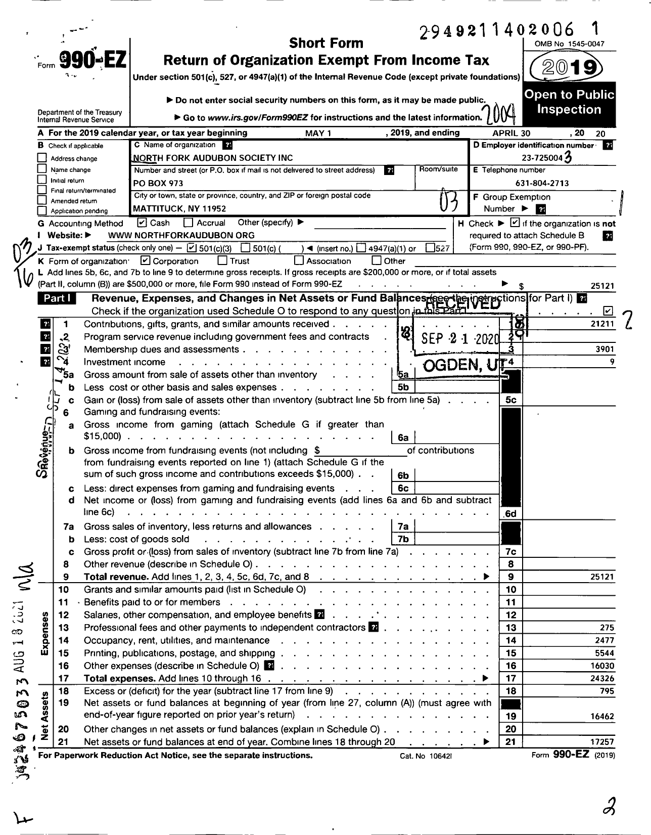 Image of first page of 2019 Form 990EZ for North Fork Audubon Society