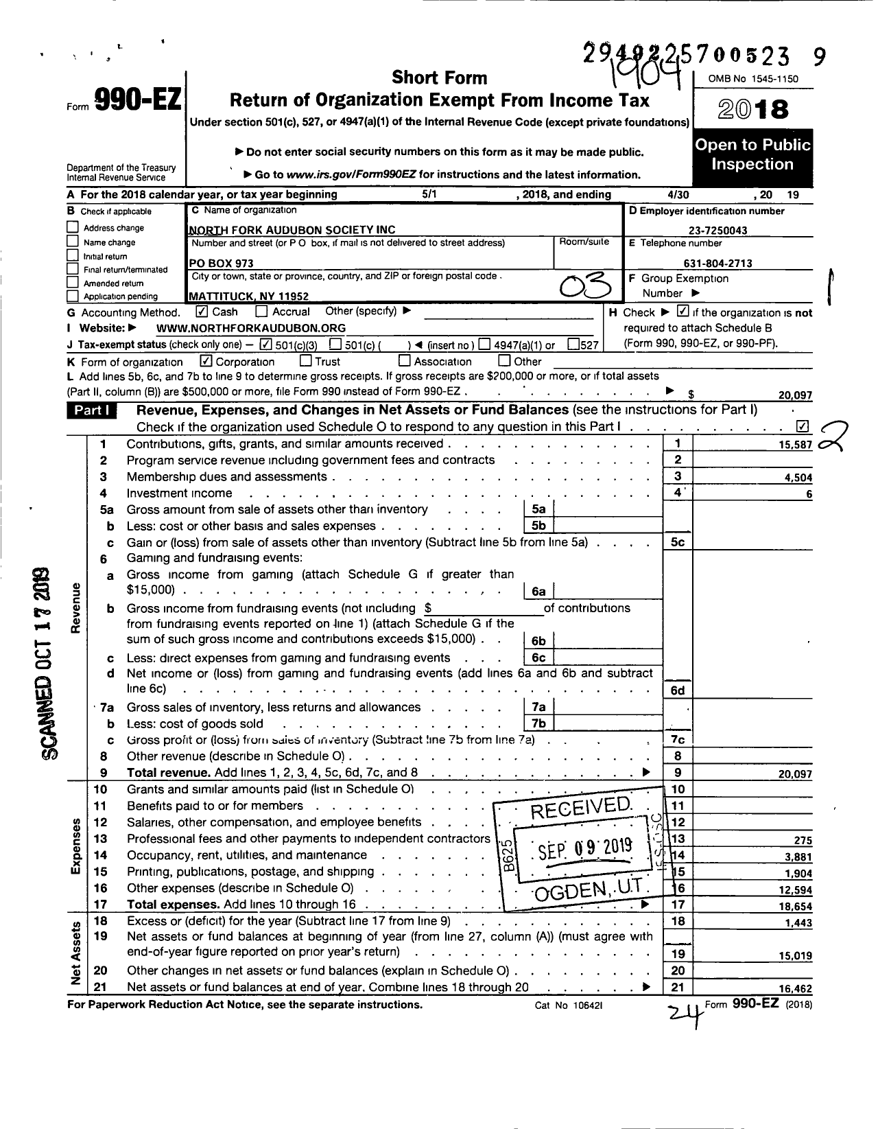 Image of first page of 2018 Form 990EZ for North Fork Audubon Society