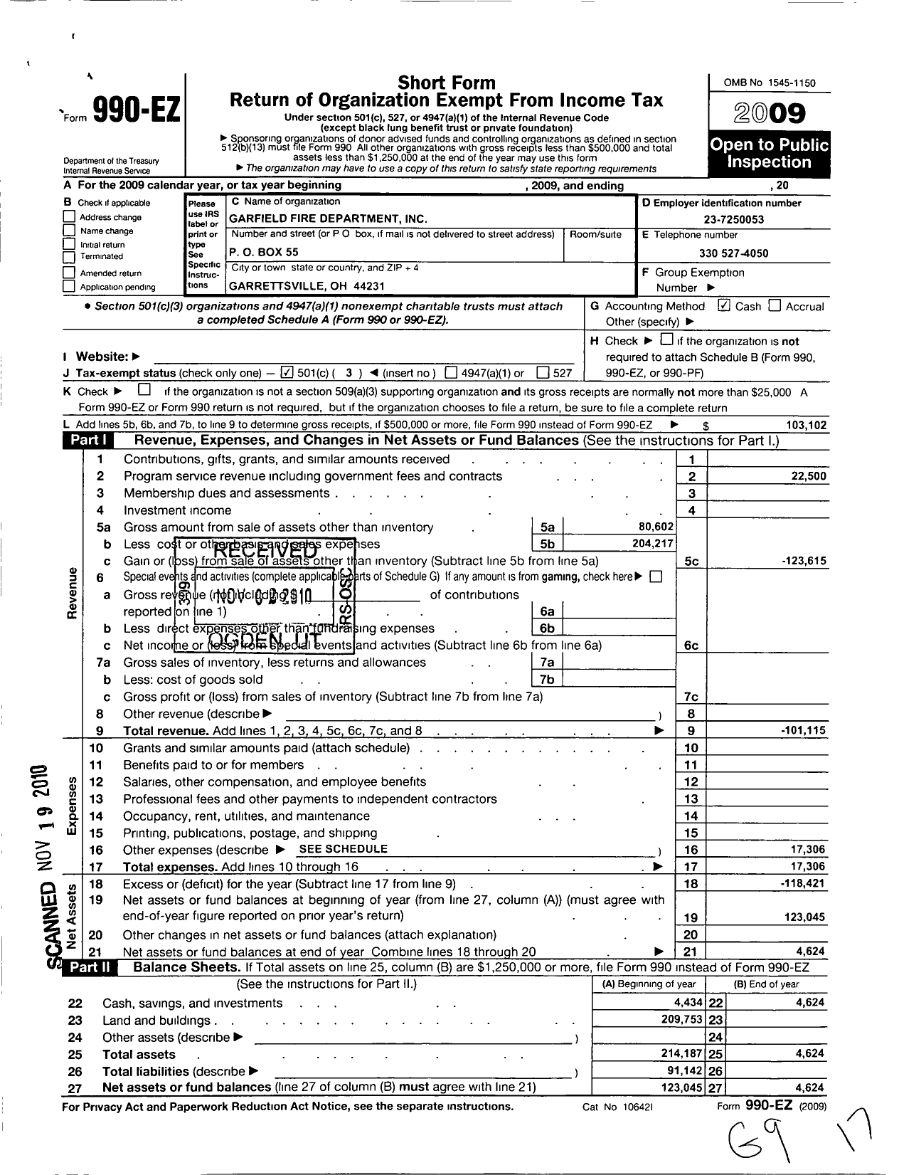 Image of first page of 2009 Form 990EZ for Garfield Fire Department